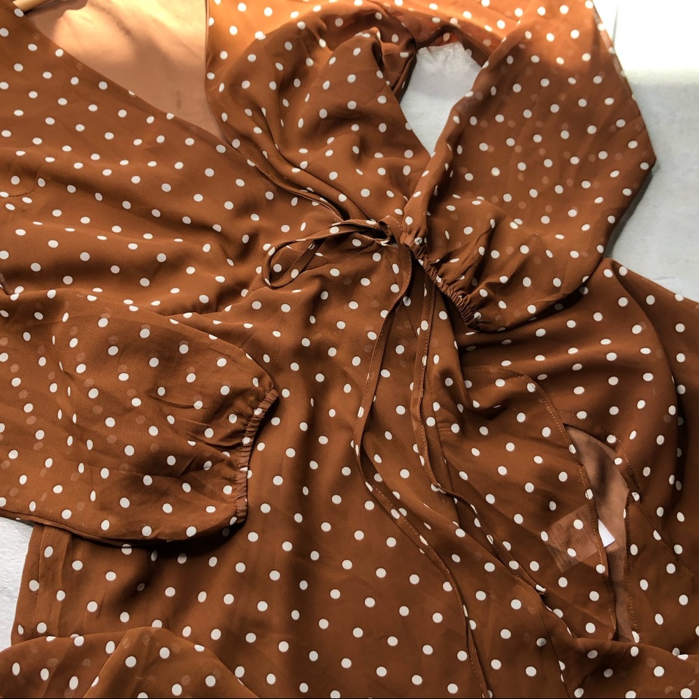 Listicle Brown Polka Dot Ruffle Belted Dress - Picture 7 of 8